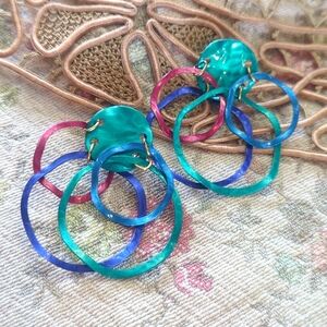 Jewel tone metal hoop 80s pierced earrings